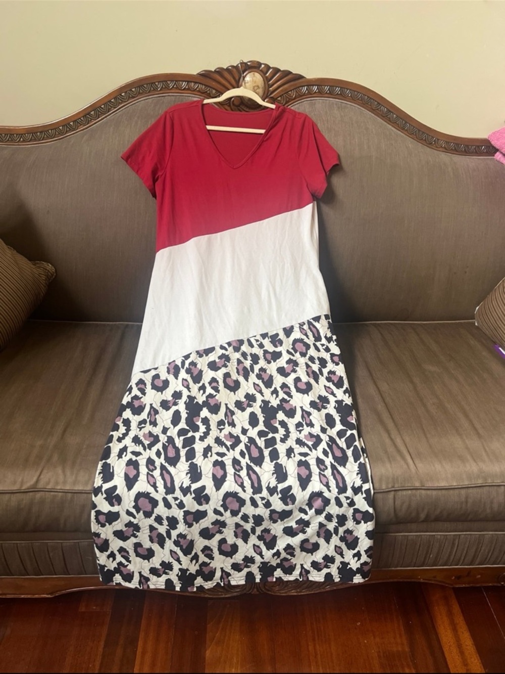 Red, White & Leopard Print Colorblock V-Neck Maxi Dress